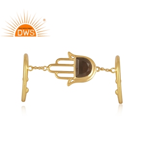 Smoky <b>Quartz</b> Gemstone <b>Ring</b> 14k Yellow Gold Plated Hamsa Hand Design Silver 925 <b>Ring</b> Jewelry Manufacturer - Product Image 2