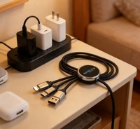 Kabel USB LED 3-in-1 untuk IOS & Earphone, Kabel Pengisian Daya/Data Multi-head