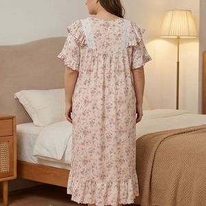 Camisón de encaje floral para comercio exterior, con cuello con volantes, manga corta, longitud media, holgado, talla grande, estilo romántico pastoral, pijama informal. - Product Image 3