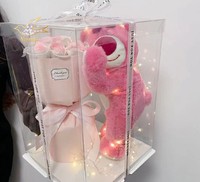 Boîte cadeau de roses roses préservées faites à la main de qualité supérieure avec mini ours en peluche, bouquet de fleurs éternelles pour mariage, remise de diplôme, Noël, Nouvel An