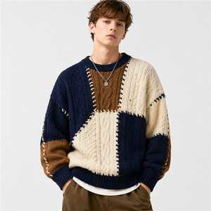 Pull en maille torsadée patchwork pour homme, color block, épais, tricot d'hiver, fabricant sur mesure - Product Image 1