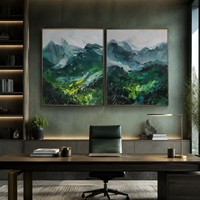 Peinture à l'huile paysagère Impasto Green Hills faite à la main, art abstrait texturé minimaliste de montagne pour décoration murale de salon