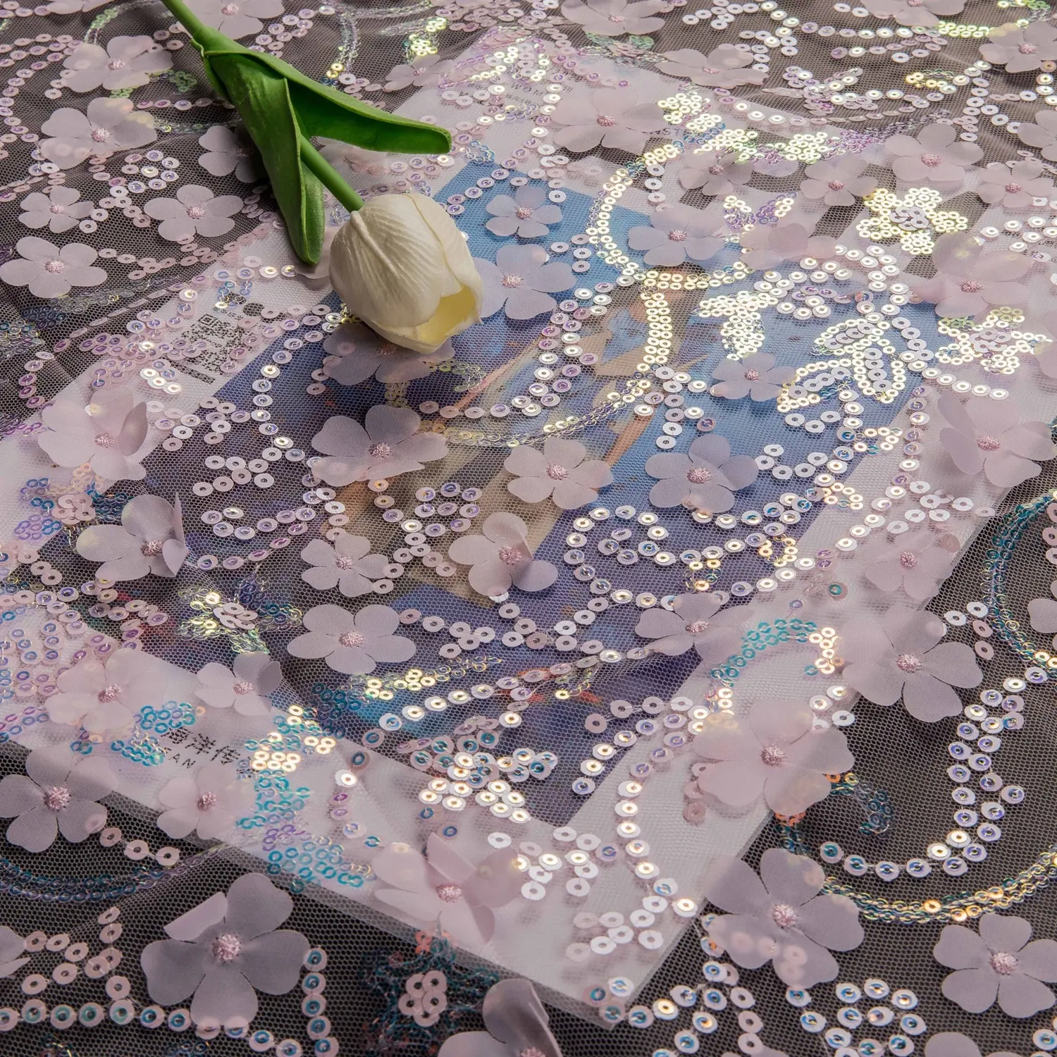 תחרה בד חדש רב צבע נצנצים פרח תלת ממדי רקמת בד טול חתונה שמלת קישוט בד