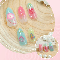 Faux ongles à presser en gros, style plage, courts, forme amande, avec hibiscus et étoile de mer, réutilisables, en acrylique, pour femmes