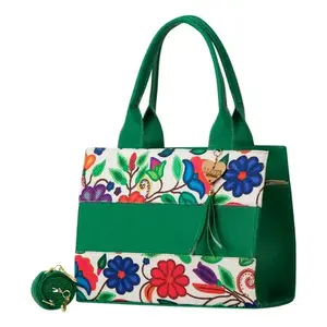 Bolso Tote de Yute para Mujer Fana Danae, Diseño Floral Verde con Borla, Bolso de Compras, Talla Adulto, Todas las Temporadas - Product Image 4