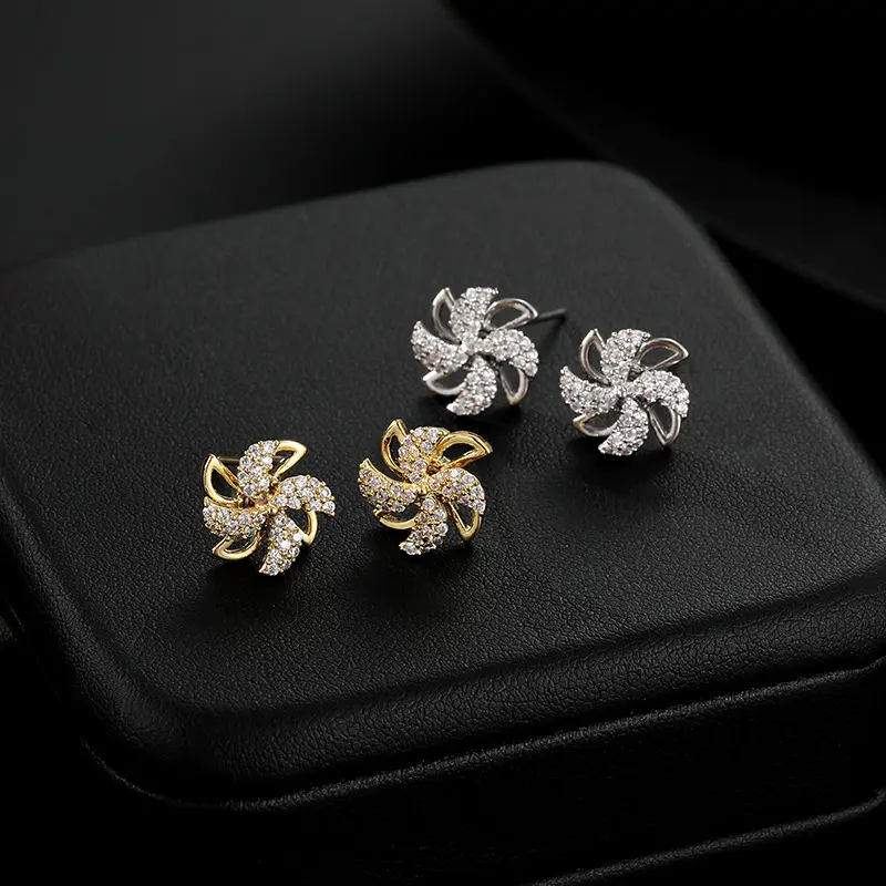 Korean S925 silver needle rotating love windmill earrings 18 k gold micro-set zircon earrings female wholesale