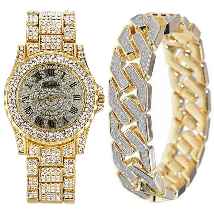 Qushine 2 teile/satz vergoldete kubanische Kette Armband Bling Glitter Pave Zirkon Uhr Voll Strass Kristall Armband Uhr Set