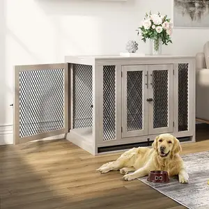Table d'extrémité intérieure grise, meubles de Cage pour animaux de compagnie, niche en bois pour chien avec Double portes