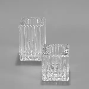 wholesale clear square ribbed glass cylinder candle sticker holders for wedding