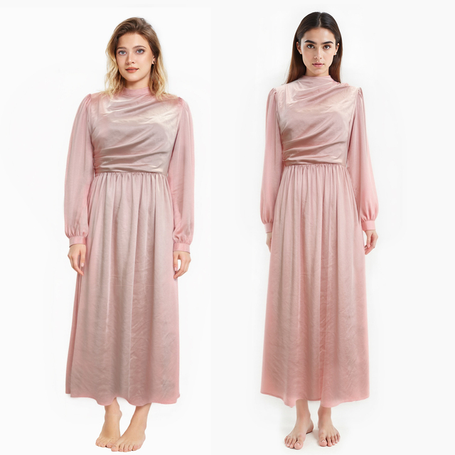 Luxury Pink Silky Satin Long Sleeve Maxi Dress Draped Mock Neck Pleated Skirt Modest Evening Banquet Dress