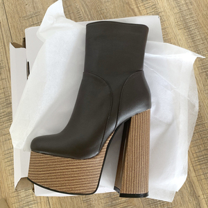 Big Size 47 Women Wooden Color Ankle <b>Boots</b> Wide Fit High Chunky Heels Platform Shoes Solid Round Toe Short Booties - Product Image 6