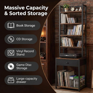 Étagère de <span class=keywords><strong>rangement</strong></span> pour <span class=keywords><strong>CD</strong></span>, organisateur de <span class=keywords><strong>DVD</strong></span> à 6 niveaux avec tiroir, supports de livres réglables, support pour disques vinyles, organisateur multimédia polyvalent - Product Image 2