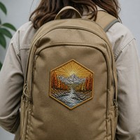 Patchs en tissu brodés hexagonaux, motif soleil d'automne, montagne, rivière, peinture au fil, effet soleil éclatant, badge thermocollant pour la nature d'automne et les montagnes