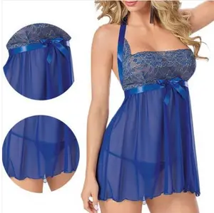 SacKnove W206 fabrica luna de miel caliente transparente encaje tirantes pijamas vestido arco bordado conjunto de lencería Sexy