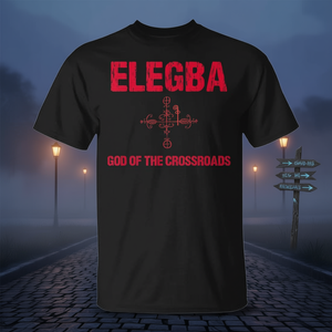 Camiseta Elegba God Of The Crossroads, diseño rojo, algodón negro, ajuste unisex - Product Image 3