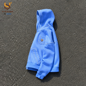 Sudadera con capucha para hombre, personalizada, de algodón grueso de 500 g/m², con hombros caídos, adornada con perlas, estilo vintage, con cremallera, color rosa - Product Image 3