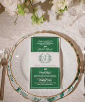 Cartes de menu de mariage en papier fait main avec impression UV, design ceinture vert foncé pour célébrations nocturnes