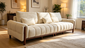 Modern Three Seat <b>Sofa</b> Upholstered Fabric Cushion Back Wooden <b>Legs</b> Rolled Arms Midcentury Living Room Couch - Product Image 5