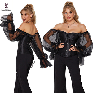Épaule dénudée à manches longues gothique Corselet mode Satin à lacets désossé Korset surbuste Bustiers Corsets grande taille pour les femmes aux gros seins - Product Image 3