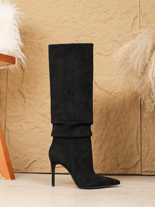Sepatu Bot Wanita Hitam Suede Setengah Paha dengan Hak Tipis dan Ujung Runcing, Fitur Peninggi Tinggi untuk Musim Dingin - Product Image 3