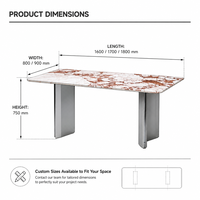 Table à manger rectangulaire moderne de luxe en marbre rose, plateau en pierre naturelle, base en acier inoxydable brossé titane, table de cuisine