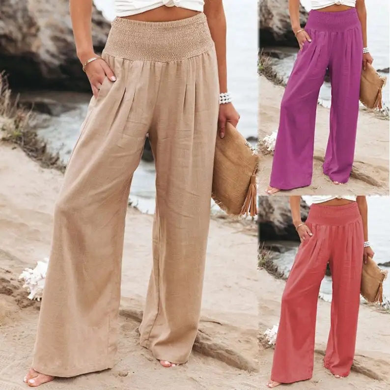 Kadın moda pamuk ve keten gevşek pantolon geniş bacak uzun pantolon düz renk yaz bahar elastik bel tatil rahat pantolon