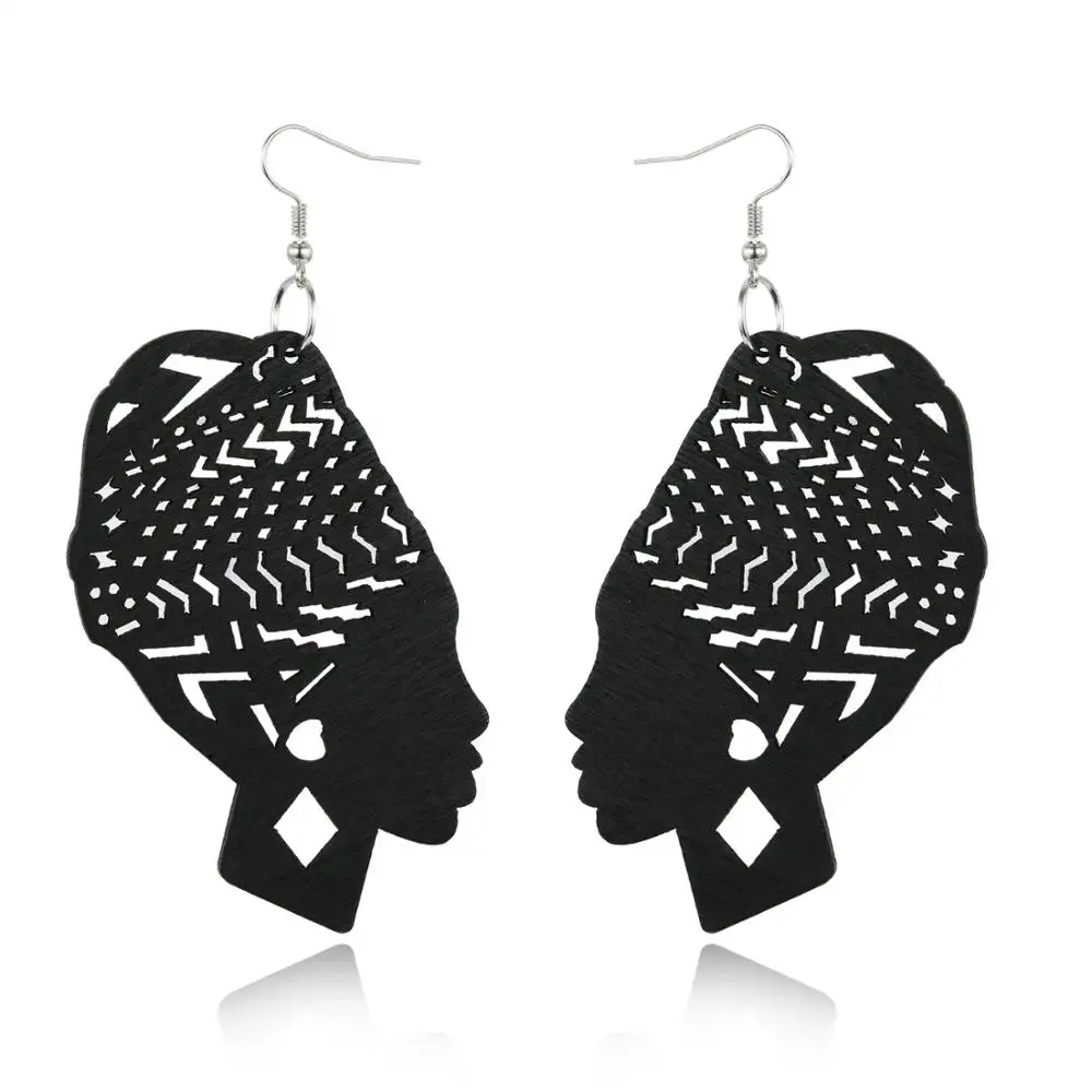 2022 Hotsale Handmade New Design African Hollow Head Wooden Pendant Carved Hoop Earrings For Women
