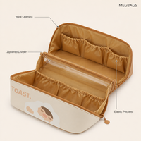 Trousse de Maquillage Portable à Motif Dessin Animé avec Grande Ouverture, Diviseur Zippé, Poche Transparente, Poches Élastiques et Doublure Imperméable en TPU