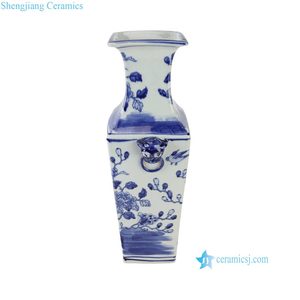 <span class=keywords><strong>Vaso</strong></span> Quadrato in Porcellana Bianca e Blu Kangxi Dipinto a Mano Tradizionale di Jingdezhen RZSC19-B con Manici a <span class=keywords><strong>Testa</strong></span> di Bestia, Cotto ad Alta Temperatura - Product Image 4