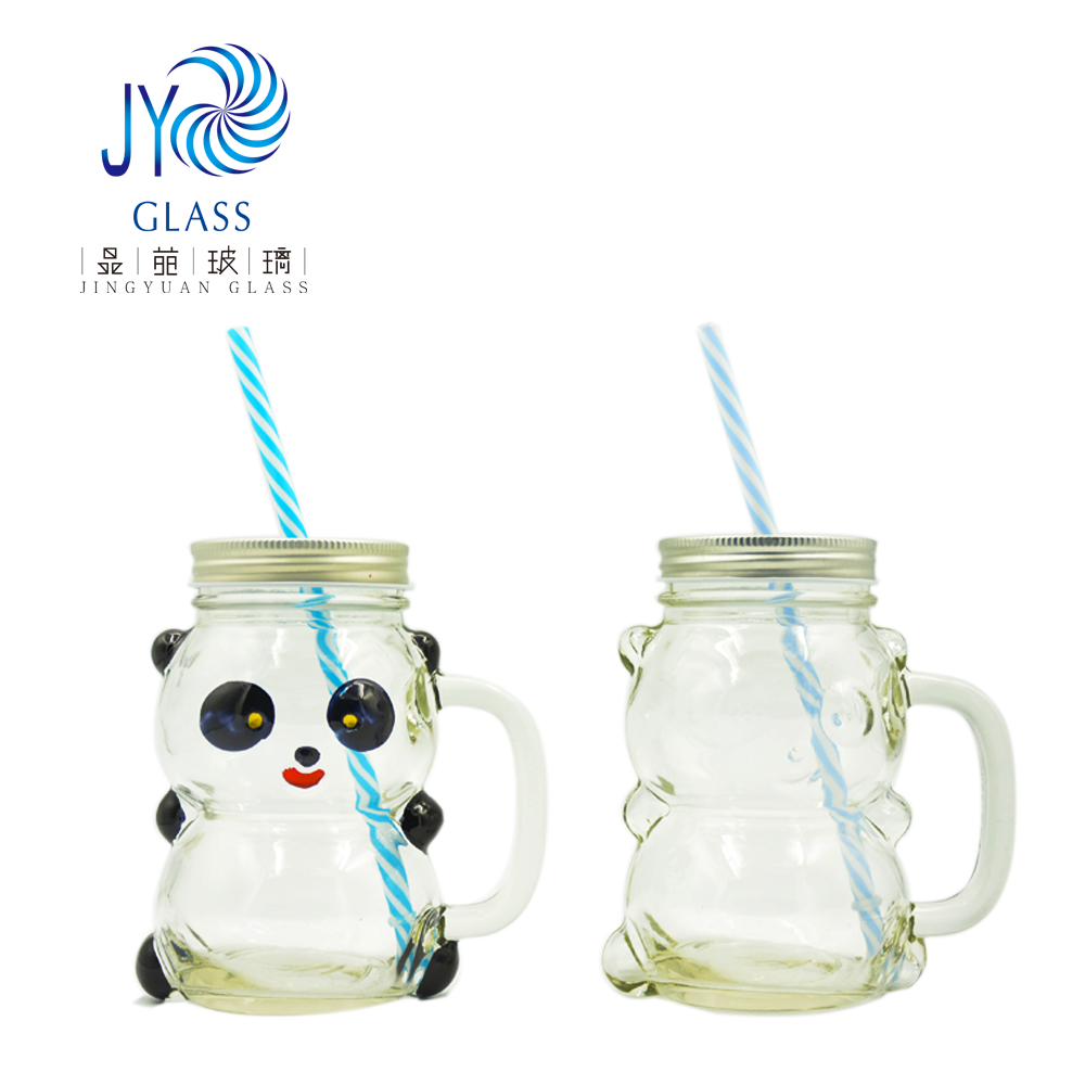 Cute Panda Bear Shaped Metal Lid Straw Iced Milk Tea Coffee Beverage Glass Jar Mug for Home Use
