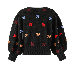 Lady autunno inverno ricamo farfalla maglione lavorato a maglia contratto languido vento pigro allentato manica a bolle maglioni Pullover in maglia - Product Image 3