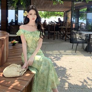 Abito lungo estivo da donna verde con stampa floreale, <span class=keywords><strong>maniche</strong></span> a volant, scollo a V, laccio frontale, vestibilità slim, orlo a sirena - Product Image 3