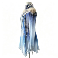 Robe de patinage artistique bleu et blanc dégradé à col montant, dos ouvert ajouré, ornée de strass, manches longues en maille, pour adultes et enfants