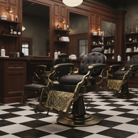 Fauteuil de barbier en cuir noir avec cadre en or antique, inclinable hydrauliquement, mobilier de salon