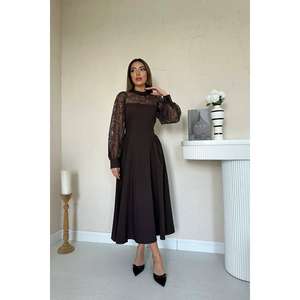 Vestido de noche de satén marrón con corte en A, mangas de encaje, cuello alto, capa transparente fruncida y cintura natural - Product Image 5