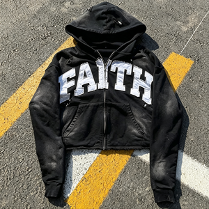 <strong>Men's</strong> Vintage Washed Black Cropped Zip up Hoodie FAITH Letter Patch Distressed Ripped Streetwear Sweatshirt <strong>Clothes</strong> <strong>Men</strong> - Product Image 1