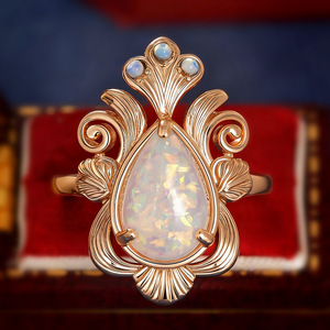 Anello da Cocktail A064 per Donna con Opale a Forma di Pera, Pietra Naturale con Montatura a Griffe, Motivo Vegetale, Anello di Moda per Matrimonio - Product Image 5