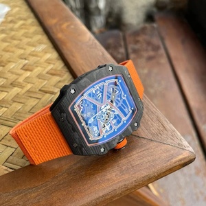 Luxury Tonneau <b>Skeleton</b> <b>Automatic</b> Men's Sports <b>Watch</b> Black Carbon Fiber Case Orange Nylon Strap Mechanical Wristwatch - Product Image 4