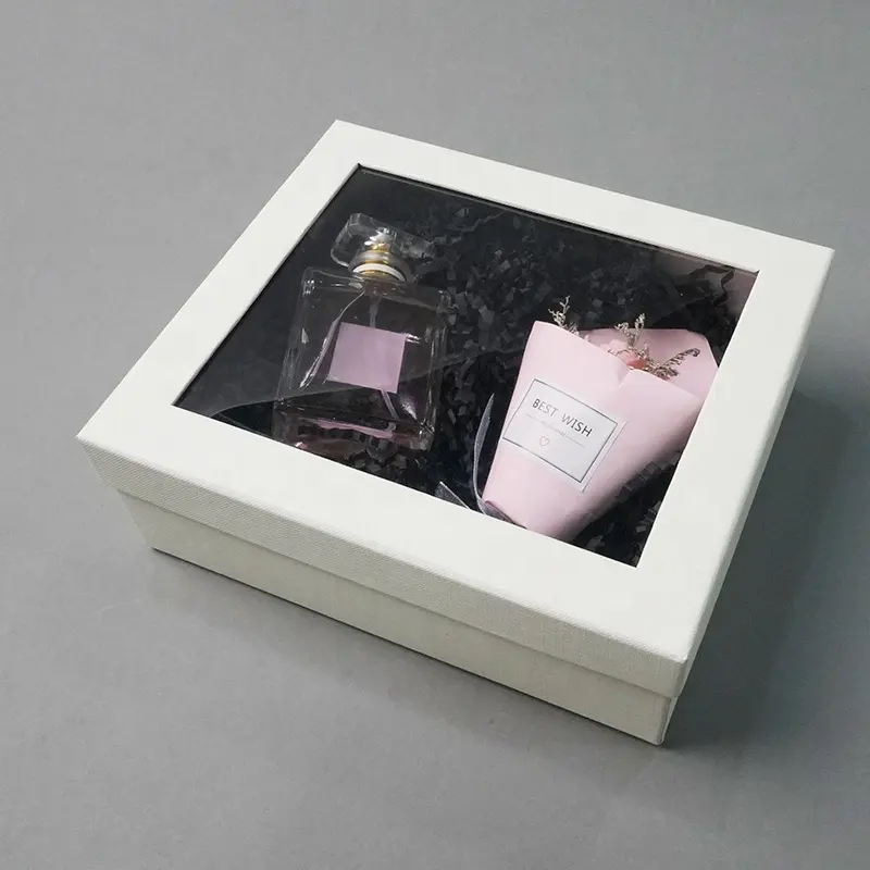 Custom Brand Logo Luxury PVC window Paper Box Packaging Display top and bottom gift box and transparent bag