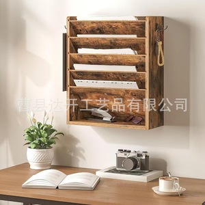 Wooden Wall Mounted Storage Rack 6 Tier With Hooks For Office <b>Organizing</b> Documents Magazines <b>Files</b> - Product Image 1