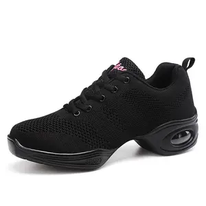 Nouveau modèle fond souple respirant noir tricot maille adulte danse moderne baskets sport femmes ligne carrée chaussures de danse femmes