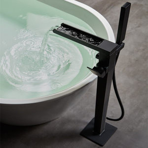 Robinet <span class=keywords><strong>de</strong></span> <span class=keywords><strong>baignoire</strong></span> sur pied en laiton noir mat avec douchette cascade verticale <span class=keywords><strong>pour</strong></span> eau froide et chaude - Product Image 1
