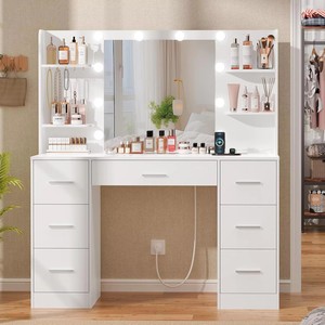 Tocador Estilo <span class=keywords><strong>Hollywood</strong></span> con Espejo LED de 10 Bombillas, 7 Cajones y Estantes Abiertos para Maquillaje en el Dormitorio - Product Image 1
