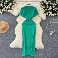 Robe moulante française élégante à col rond et manches courtes, style nouveau, tricotée, de haute qualité, pour femme, vente en gros