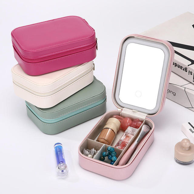 New Cosmetics Case LED Light on Mirror Inside Zipper PU Cosmetic Bag High-End Solid Color Makeup Box Storage Box Organizer Box