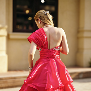 <span class=keywords><strong>Abito</strong></span> da sera <span class=keywords><strong>lungo</strong></span> monospalla in <span class=keywords><strong>organza</strong></span> fucsia con strass di cristallo, perle e perline, a balze, con spacco alto, per ballo di fine anno, matrimonio o feste formali - Product Image 3