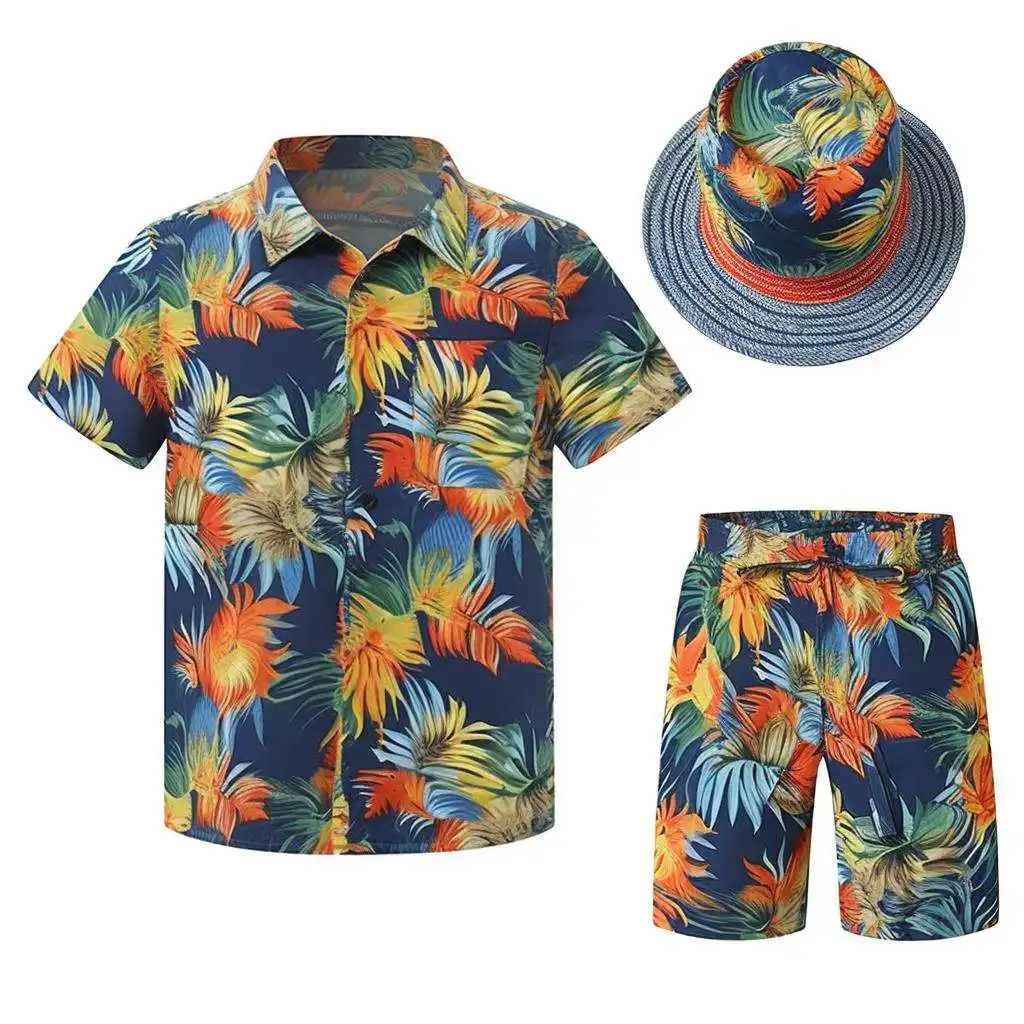 Tecido havaiano com estampa de tela leve, camisa havaiana com botões de rayon e gola personalizada