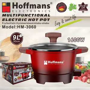 Casserole électrique Hoffmans HM-3060 1600W, 9L, grande capacité, multifonctionnelle, avec poignée en bois et couvercle en verre, ustensiles de cuisine intelligents - Product Image 2