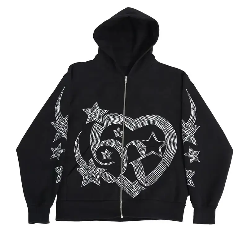 Custom Fleece Rhinestone Hombres sudaderas con capucha Chaquetas de cuerpo completo Zip Up Face Hoodie con cremallera