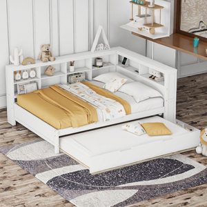 Modern Solid Wood Full Size Bed with Twin Size <strong>Trundle</strong> <strong>DayBed</strong> with Storage Shelf and USB Charging Ports White - Product Image 3